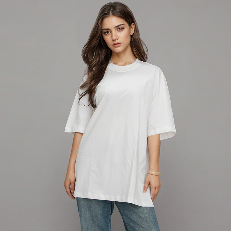 Bamboo Cotton White Crewneck Side Slit Casual Tee Soft Breathable Eco