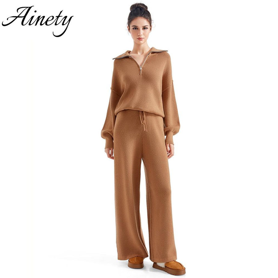 Women's Oversized Pullover Quarter Zip Sweater Knit Pants Set