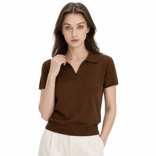 Casual Women's Wool Sweater V Neck Polo Collar Short Sleeve Knitwear