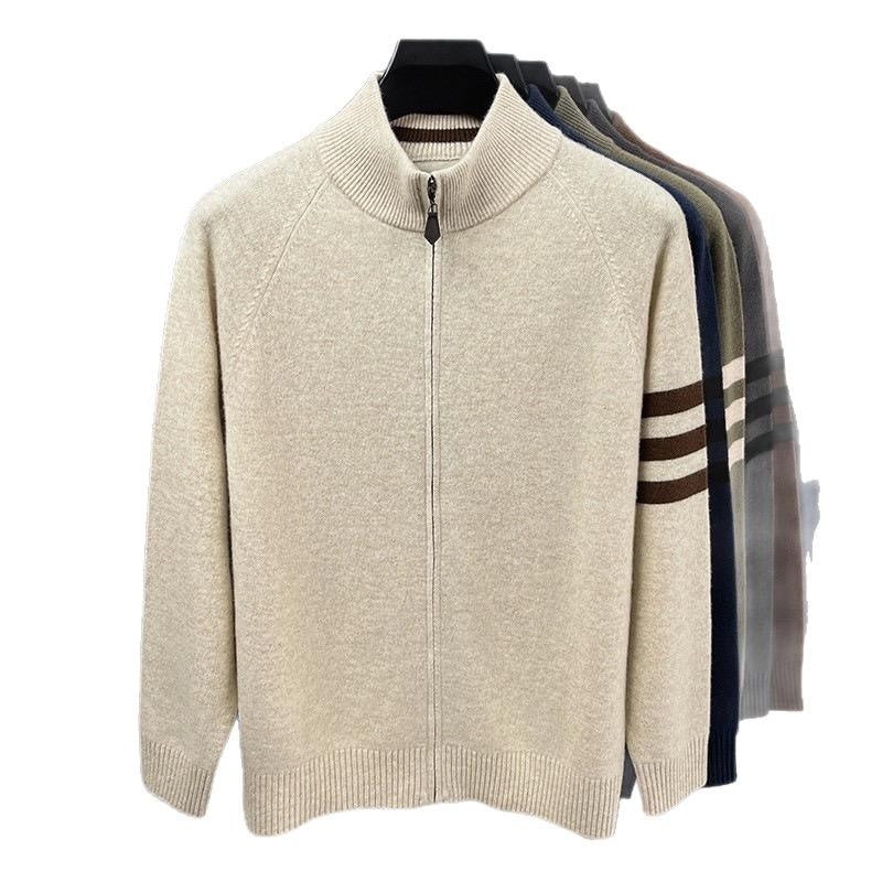 Men Zip up Stand Collar Striped Sleeve Knit Cardigan
