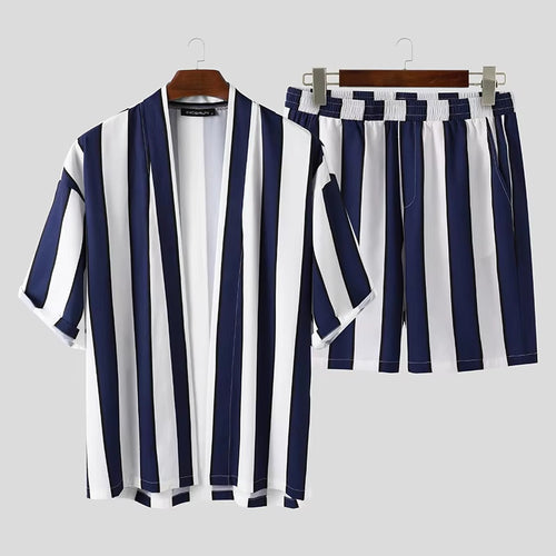 Men's Striped Open Front Kimono Cardigan and Shorts Two Piece Set