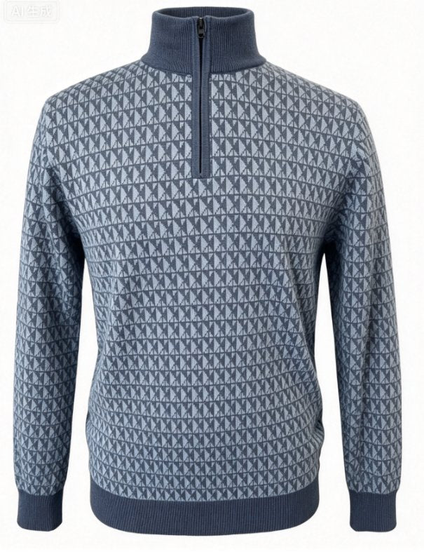 All-Over Triangle Jacquard Flat-Knit Sweater Merino Wool Pollover