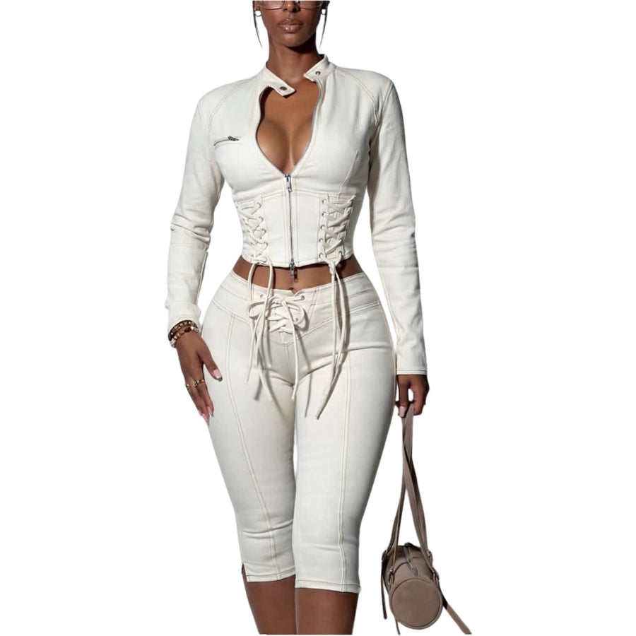 Women off White Denim Set 2 Piece Cropped Jacket High Waist Capri Pants