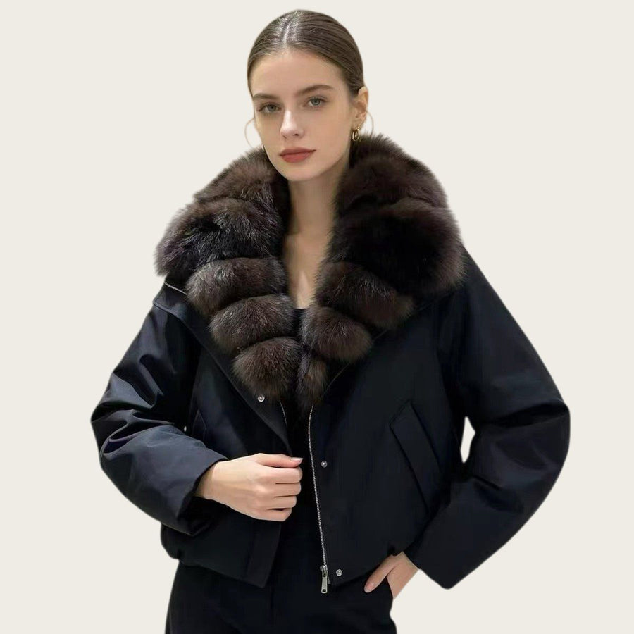 Women Real Fox Fur Collar Warm Brown Jacket Short Winter Parka Outerwear