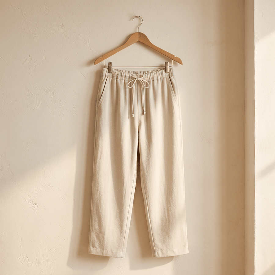 Natural Beige Linen Blend Loose Straight Pants, Drawstring Elastic
