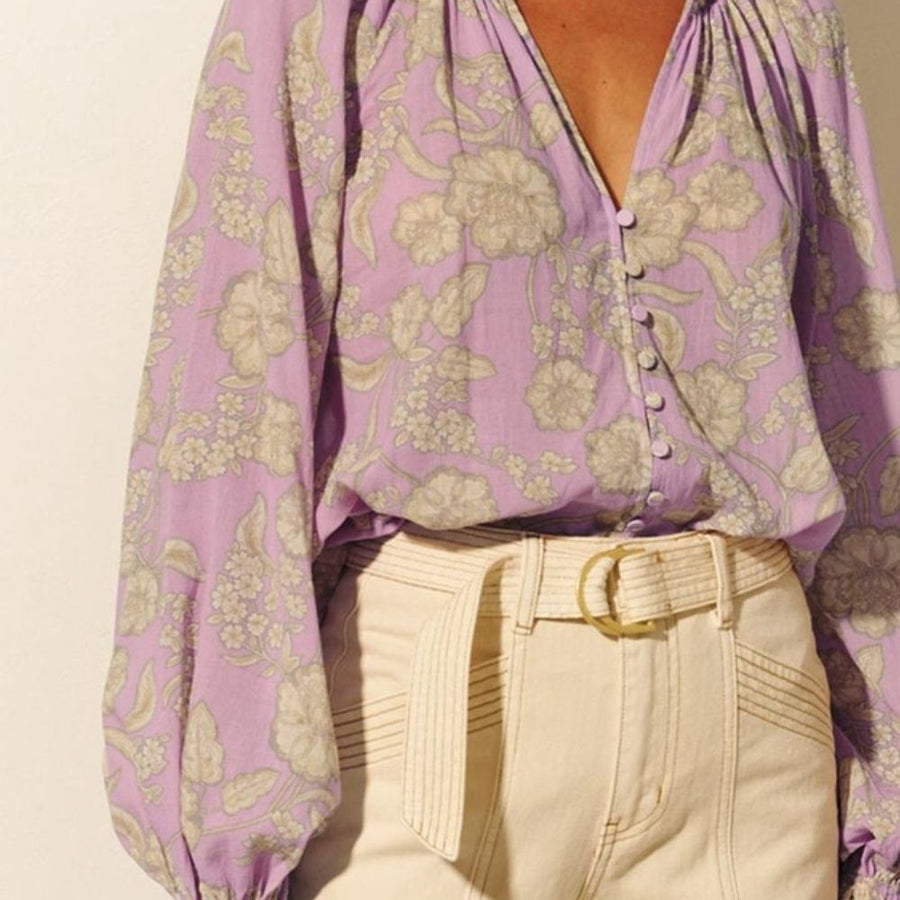 Women's Retro Oversize Cotton and Linen Shirt Printed V Neck Long Sleeve