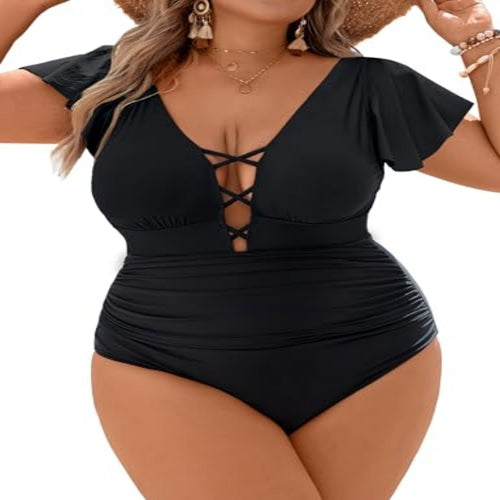 Mesh V Neck Women's Plus Size Swimsuit One Piece Bathing Suit