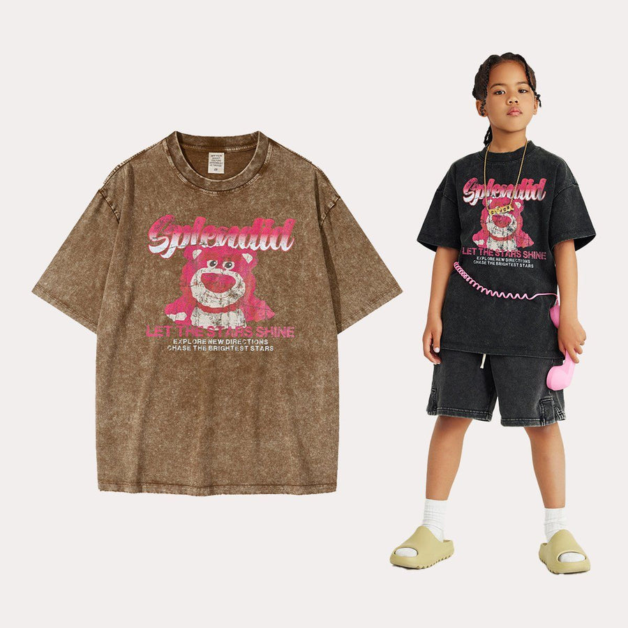 Wash Funny Strawberry Bear Printed T Shirt Loose Oversize Black