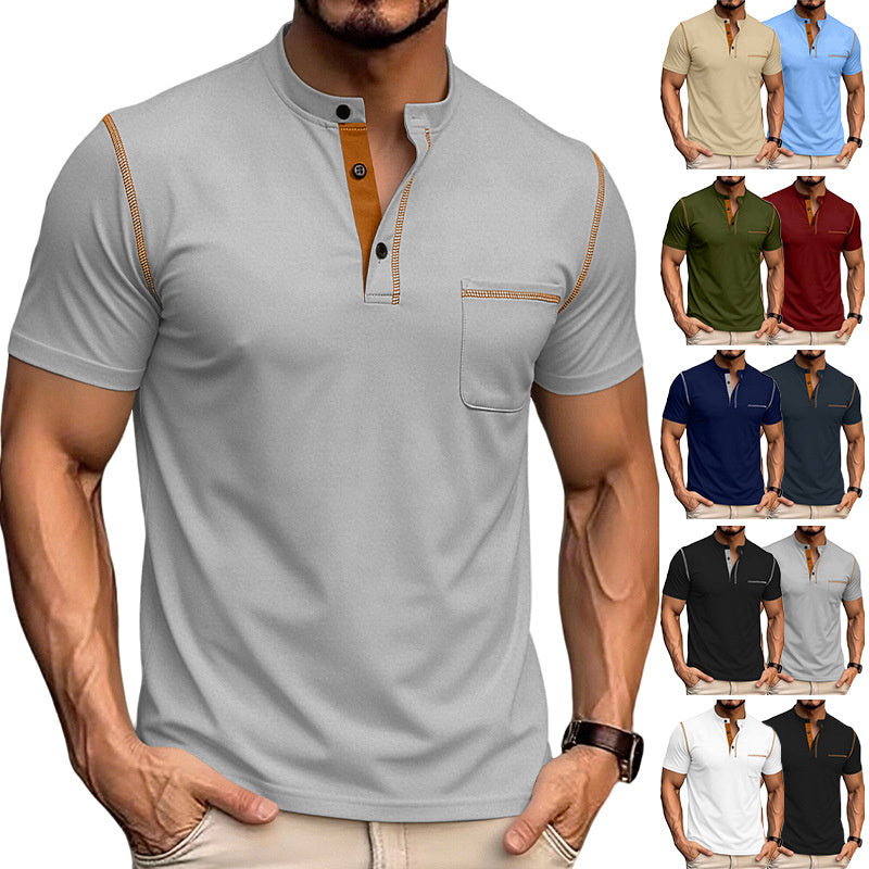 Men Mandarin Collar Contrast Stitching Short Sleeve Pocket Polo Shirt