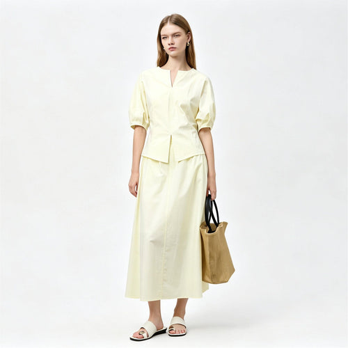 Women Solid Notch Neck Puff Short Sleeve Fitted Top Commuter Outfit