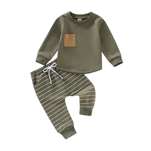 Toddler Boys Fall Outfit Pullover and Striped Pants, Set of 2