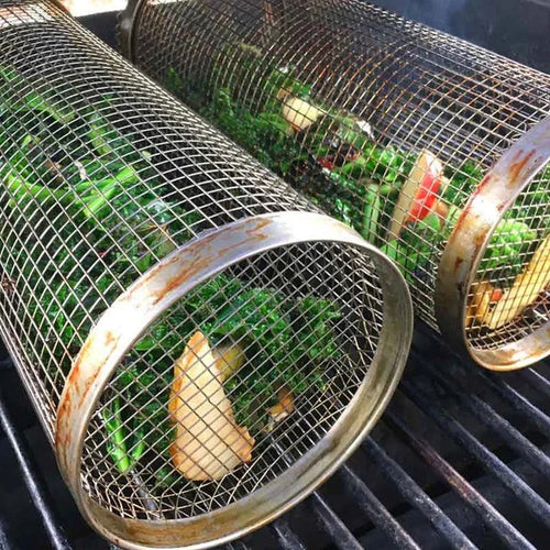Rotating Rolling Barbecue Grill Basket With Locking Latch