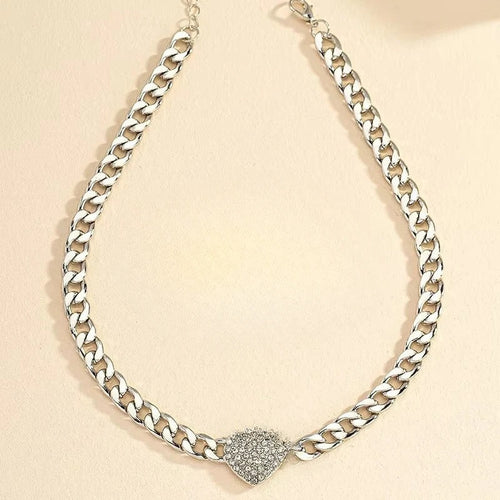 Crystal Heart Charm Choker Necklace with Cuban Chain