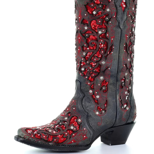 Embroidered Knee High Boots with Sequin Detail and Pointed Toe