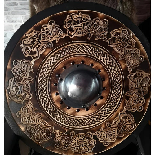 Medieval Style Wooden Round Shield with Multiple Design Patterns