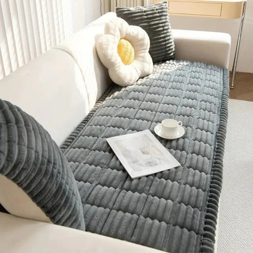 Plush Sofa Slipcover with Pleated Skirt Design