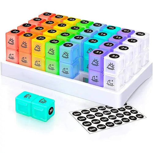 31 Day AM/PM Pill Organizer with Large Storage Case and Label Stickers for Daily Medication