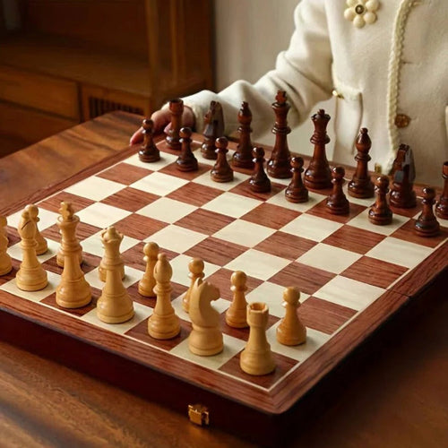 Folding Walnut Wood Chess Board Set with Handcrafted Weighted Pieces