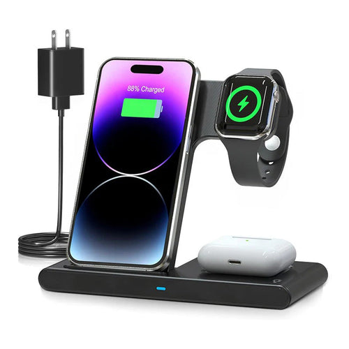 3-Device Wireless Charging Stand for Compatible Phones, Watches & Earbuds
