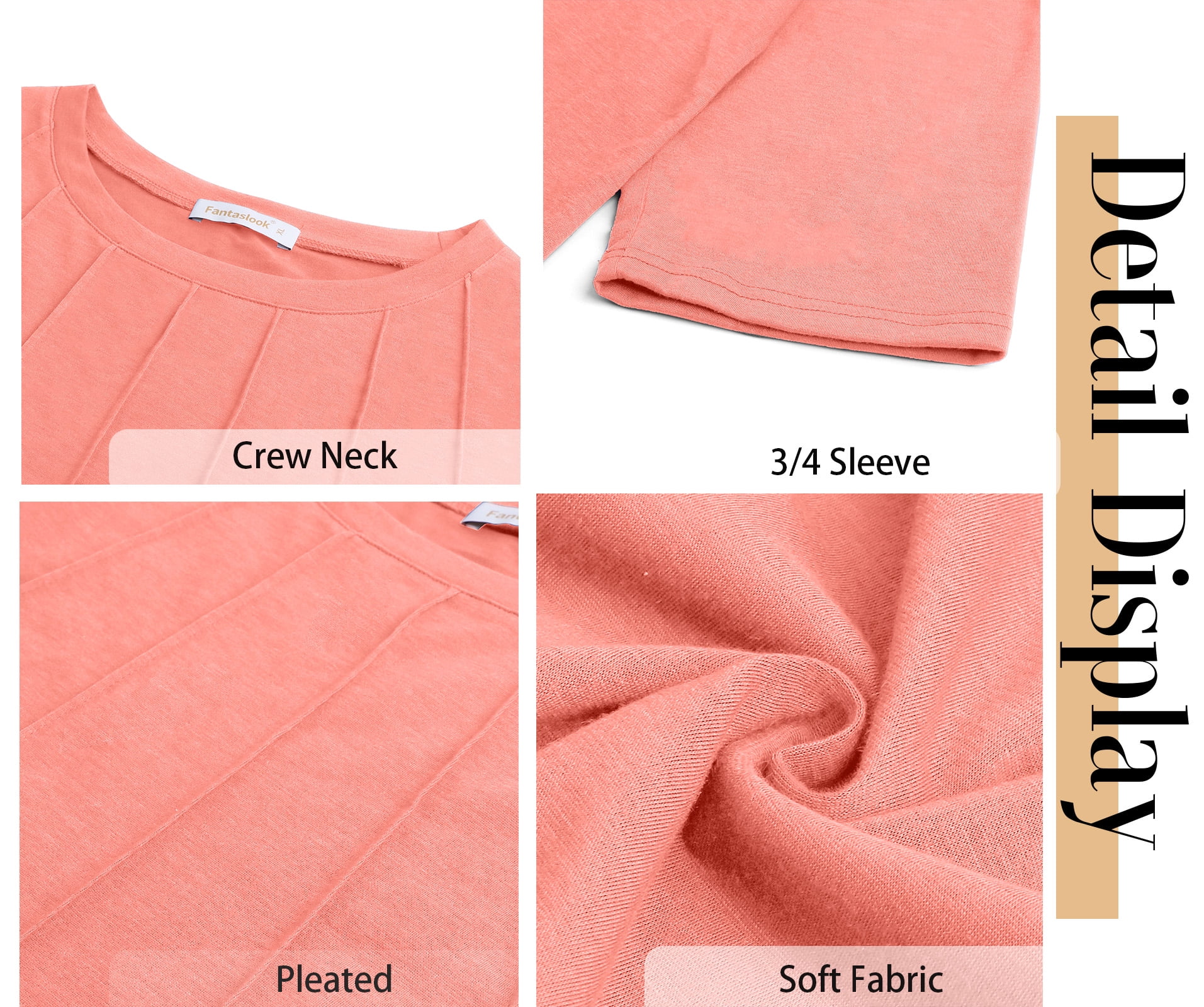 Fantaslook Womens Plus Size Tops 3/4 Sleeve Pleated Dressy Blouses Crew Neck Casual Tunic Tops Summer Shirts - Image 5