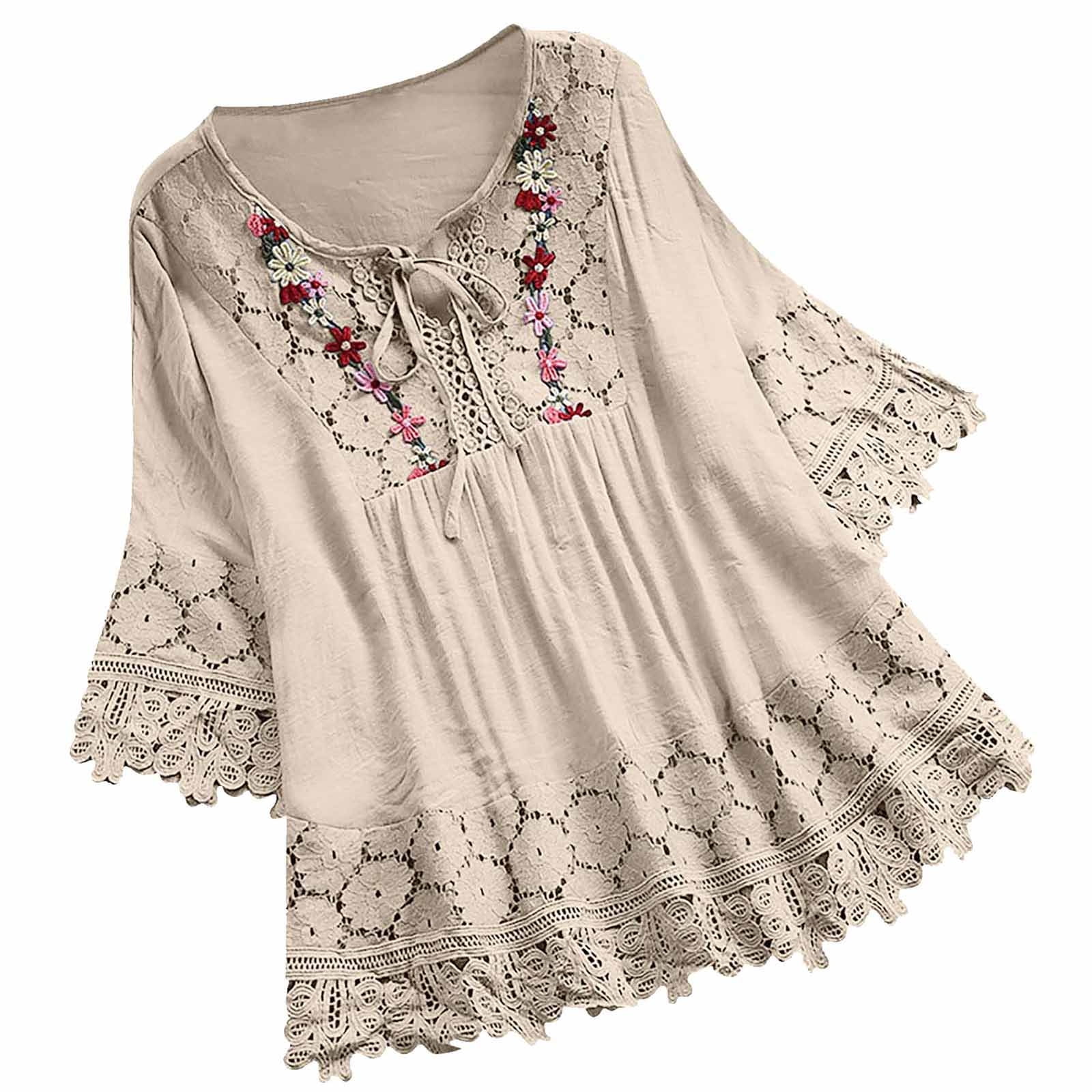 Aoujea Women's Plus Size Tops Short Sleeve Shirts Lace Pleated Tunic Causal Tee Blouses Women Tops 50% Off Clear! S-5XL