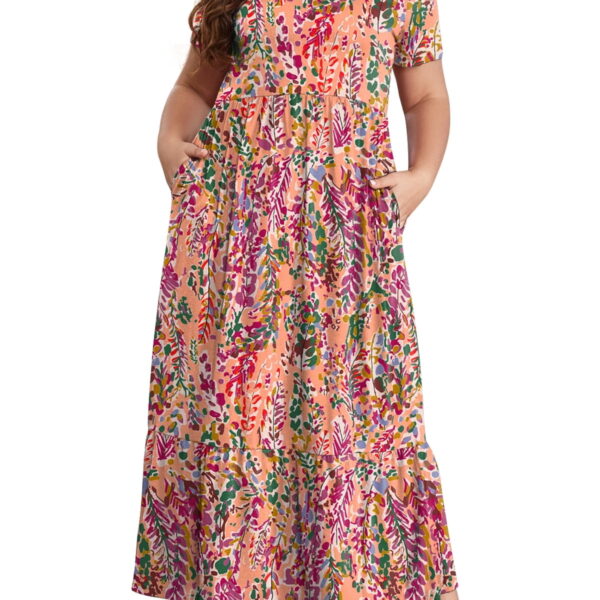 Mengpipi Women's Plus Size Casual Short Sleeve Crewneck Dress Flowy Tiered Loose Maxi Dress with Pockets 1X-5X