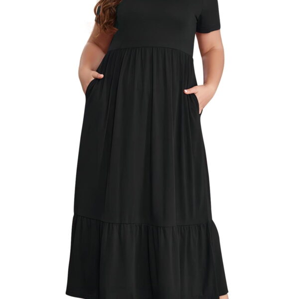 Mengpipi Women's Plus Size Casual Short Sleeve Crewneck Dress Flowy Tiered Loose Maxi Dress with Pockets Black 1X-5X