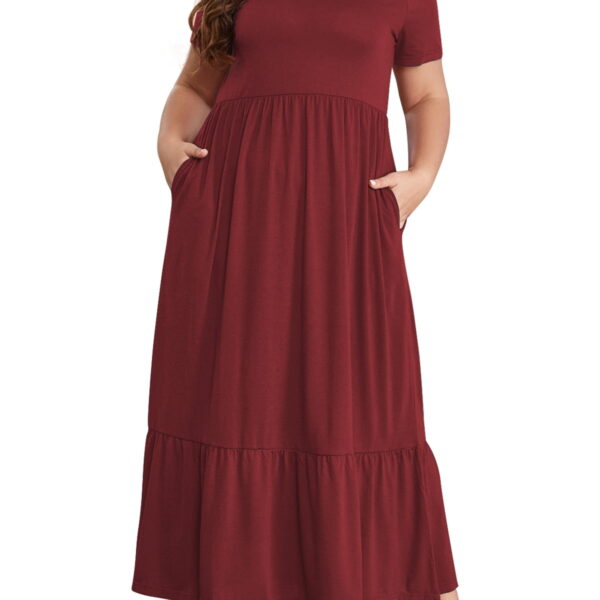 Mengpipi Women's Plus Size Casual Short Sleeve Crewneck Dress Flowy Tiered Loose Maxi Dress with Pockets Burgundy 1X-5X