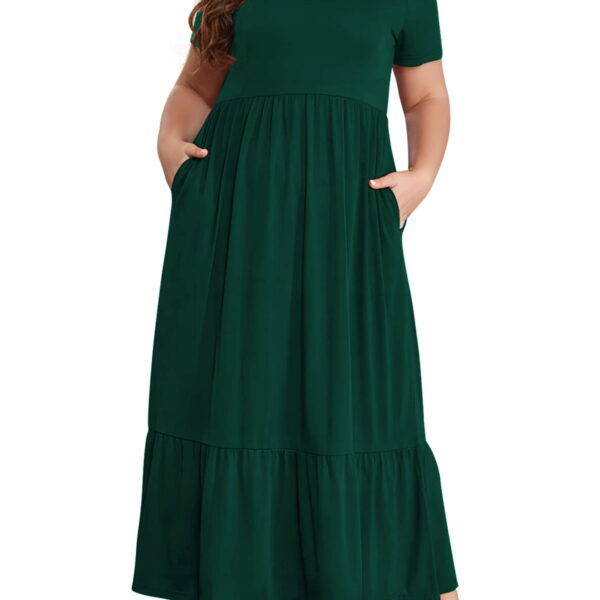 Mengpipi Women's Plus Size Casual Short Sleeve Crewneck Dress Flowy Tiered Loose Maxi Dress with Pockets Dark Green 1X-5X