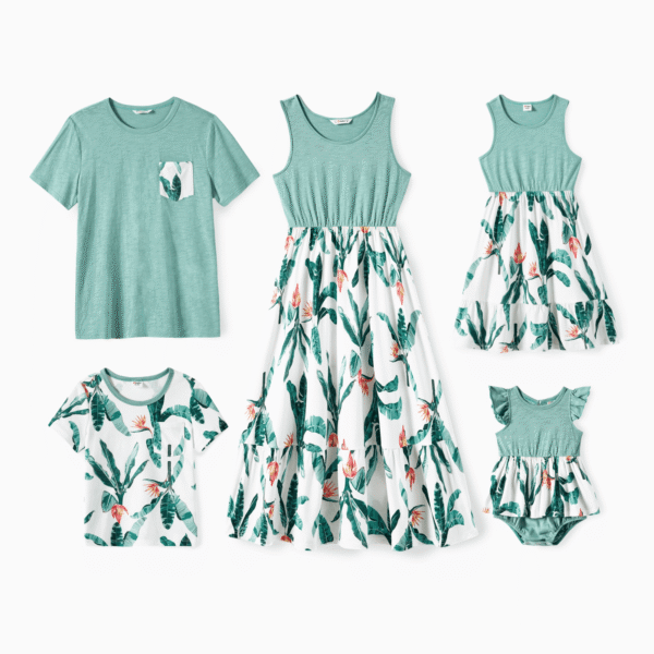 PatPat Family Matching Plant Print Panel Ruffle Hem Tank Dresses and Short-sleeve T-shirts Sets, Light Green, Girl 8-9 Years