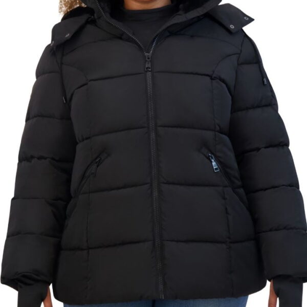 Steve Madden Women's Black Plus Size Faux-Fur-Trim Hooded Puffer Coat, 3X