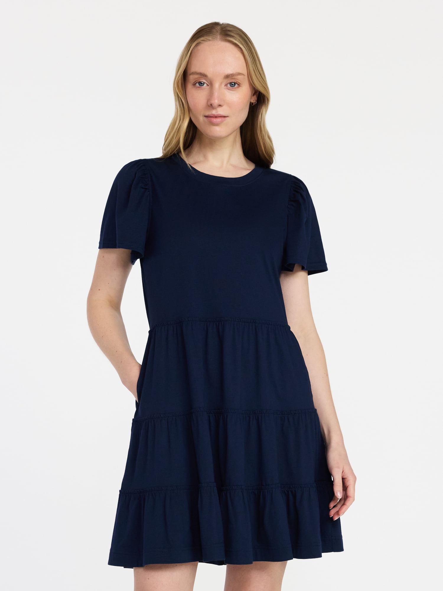 Time and Tru Women's and Women’s Plus Cotton Swing Dress with Short Sleeves, Sizes XS-4X