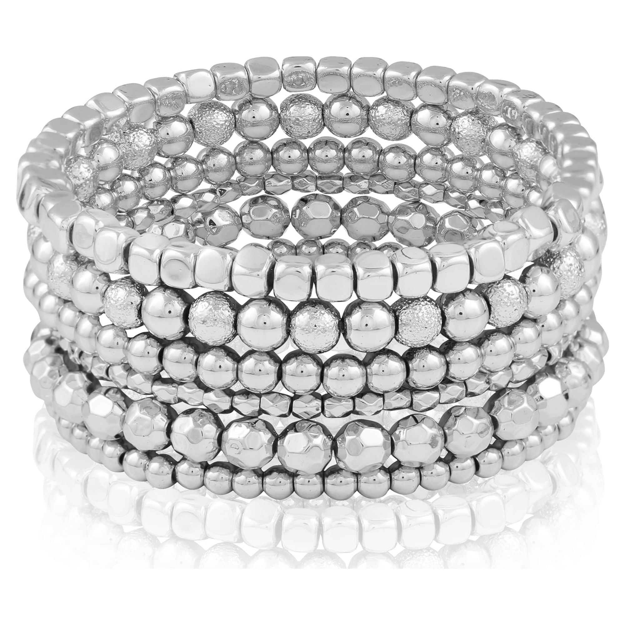 Time and Tru Women's Silver-Tone Beaded Stretch Bracelet Set, 6-Piece
