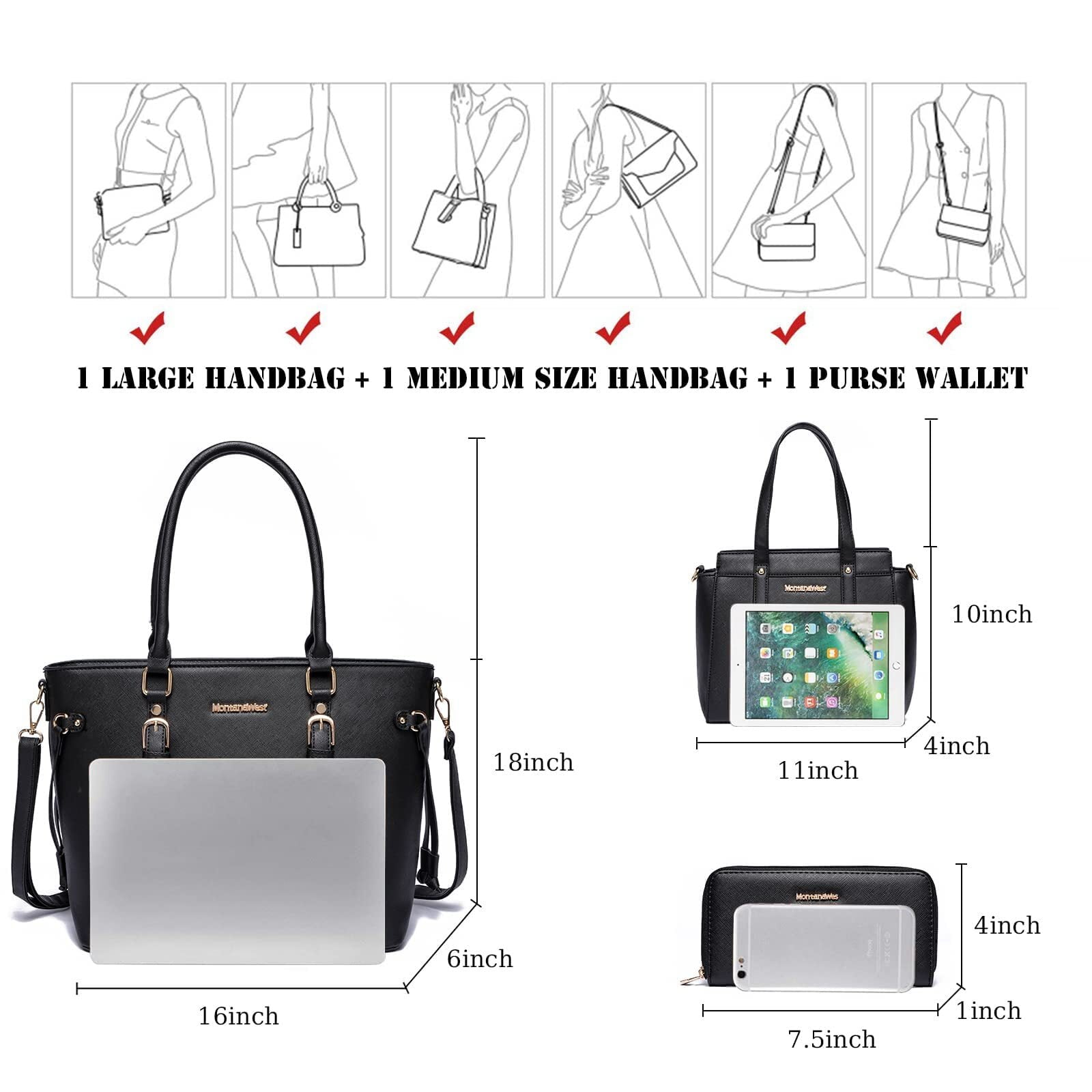 Montana West 3PCS Purses for Women Tote Bag and Wallet Set Shoulder Satchel Handbags - Image 5
