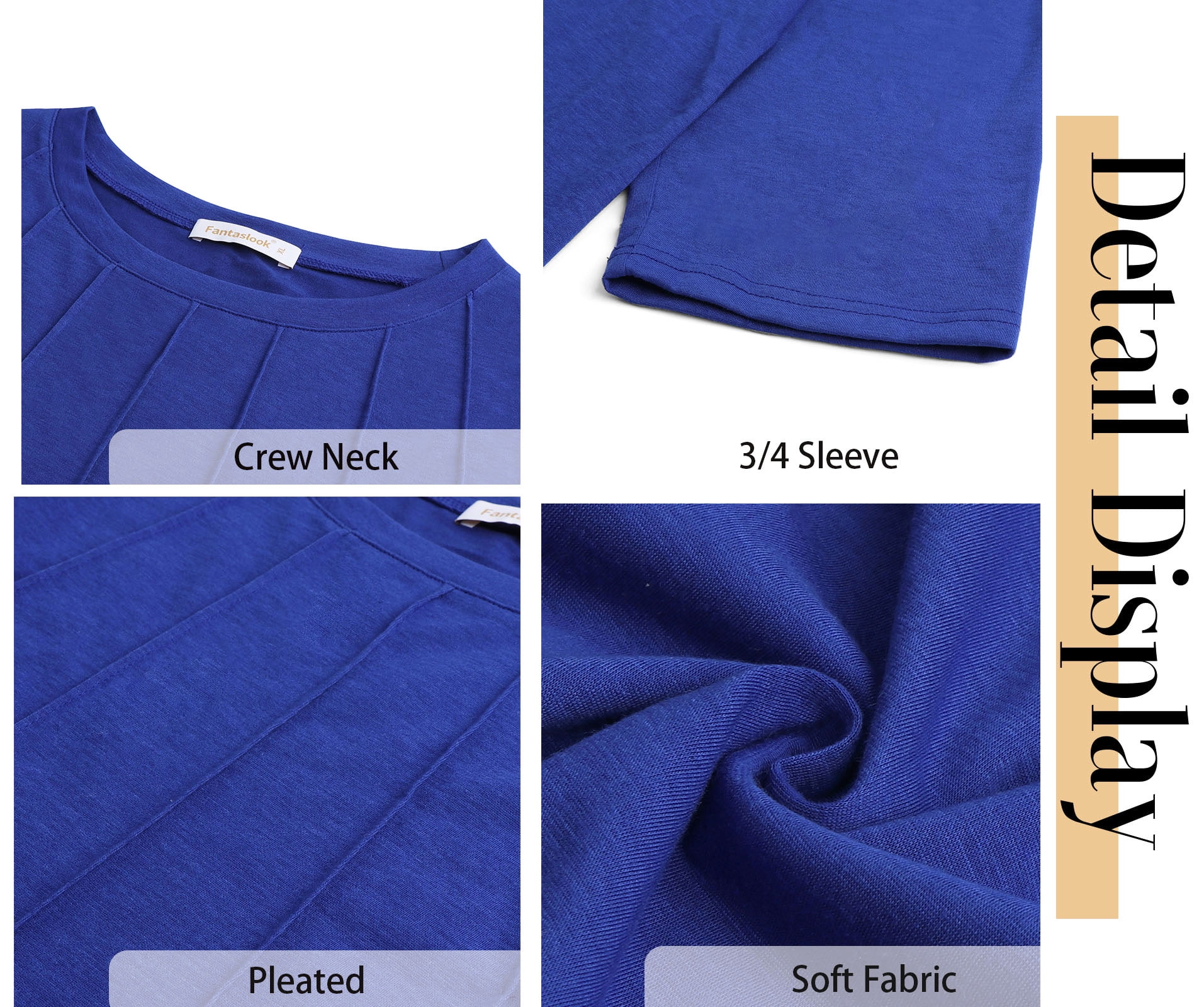 Fantaslook Womens Plus Size Tops 3/4 Sleeve Pleated Dressy Blouses Crew Neck Casual Tunic Tops Summer Shirts - Image 5