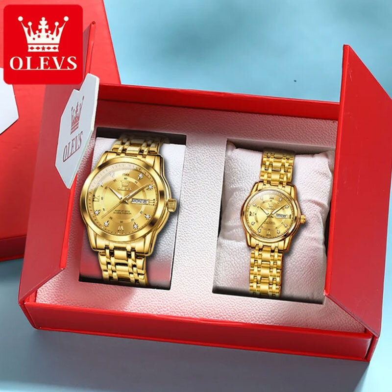 olevs gold watch for men women sets stainless steel luxury lover's watch business quartz couple's watches red love gift box olevs gold watch for men women sets stainless steel luxury lover's watch business quartz couple's watches red love gift box