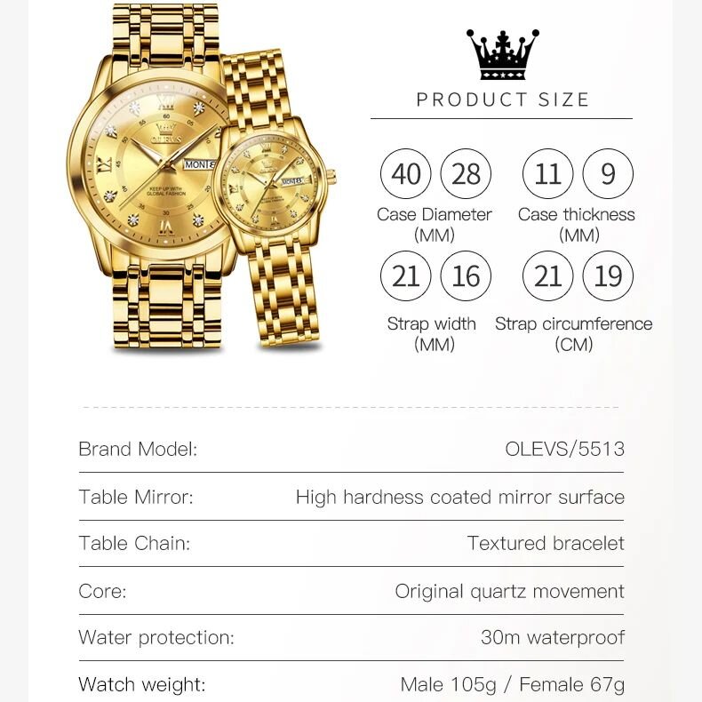 olevs gold watch for men women sets stainless steel luxury lover's watch business quartz couple's watches red love gift box olevs gold watch for men women sets stainless steel luxury lover's watch business quartz couple's watches red love gift box