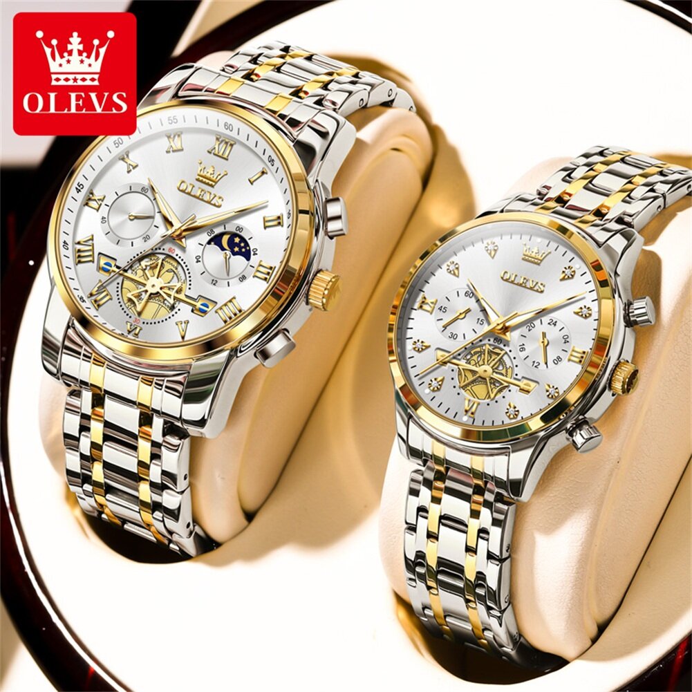 olevs top brand couple watches stainless steel waterpoof chronograph moon phase flywheel design lover's wristwatch for men women