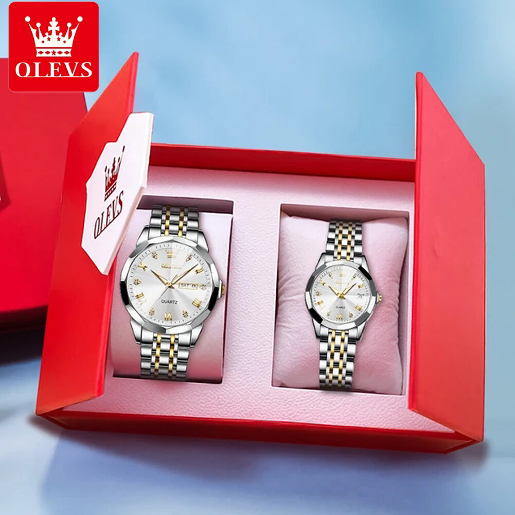 olevs 9931 top original couple watch stainless steel rhombus mirror design luxury quartz watch for men women lover's wristwatch
