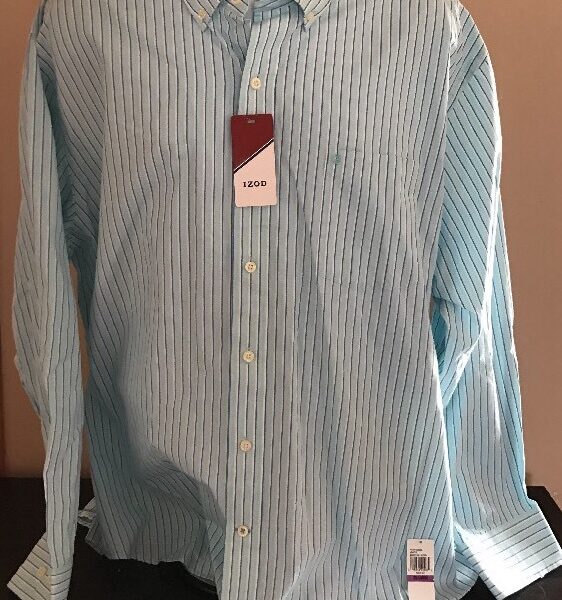 Izod Long Sleeve Essential Woven Shirt - Striped XXL, Aqua Sky