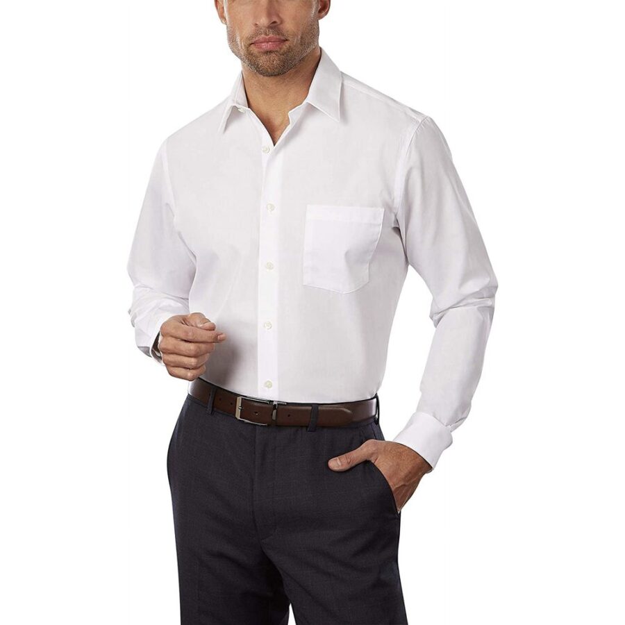 Van Heusen Men's Poplin Fitted Solid Point Collar Dress Shirt, White, 15" Neck 32"-33" Sleeve