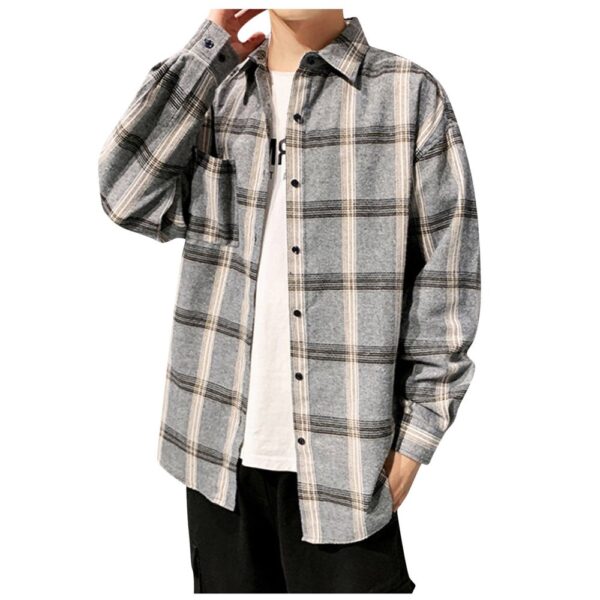 Tangnade Polo Shirts for Men T-shirts Men Casual Plaid Shirt Pocket Loose Long Sleeve Button