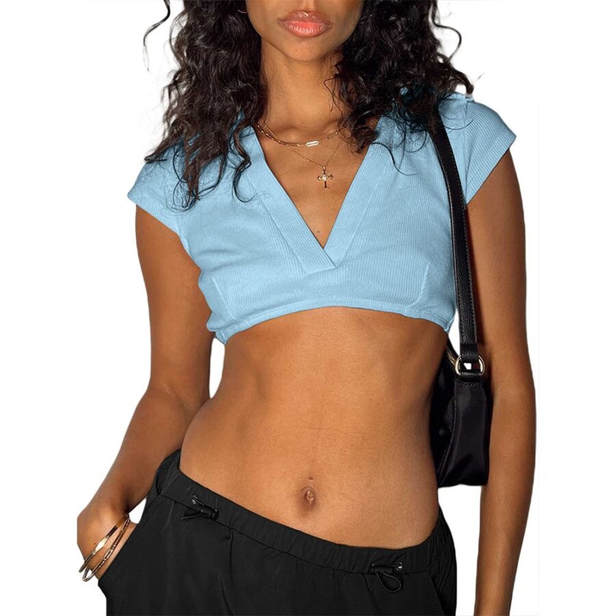 Women T-shirt Short Sleeve V Neck Solid Slim Summer Ladies Crop Tops for