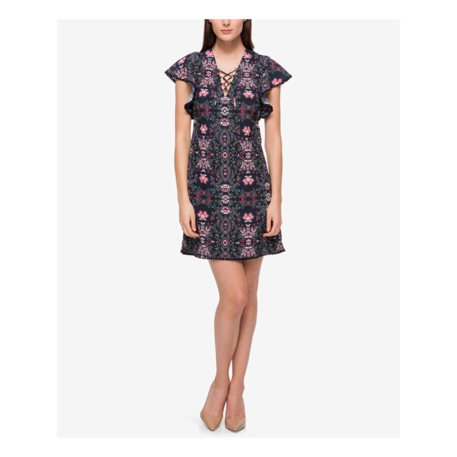 Jessica Simpson $98 Women's New 1249 Navy Floral Tie V Neck Sheath Dress 14