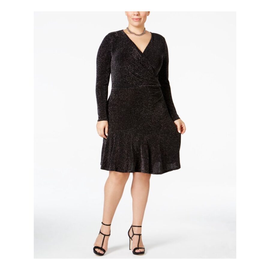 Michael Kors Women's Black Long Sleeve V Neck Above The Knee Evening Sheath