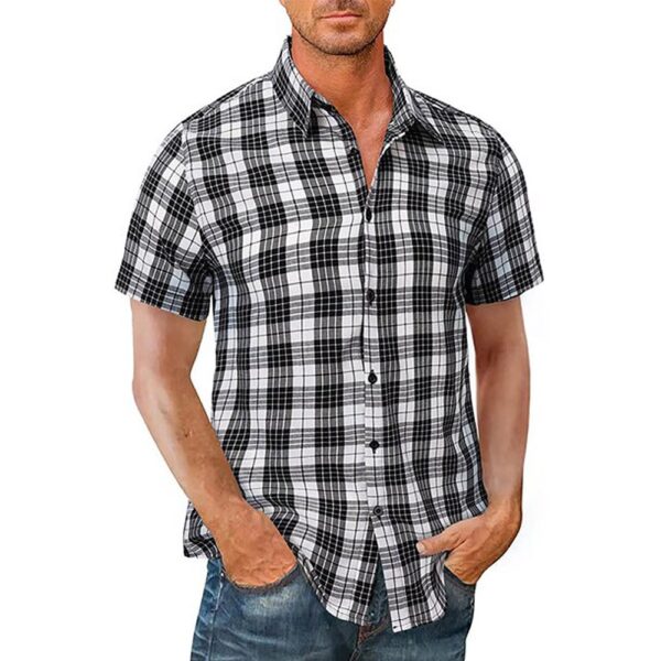 Hanerdun Men Casual Plaid Shirts Male Button Down Shirt Casual Top Black/ White 2XL