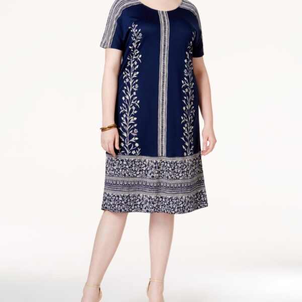 Lucky Brand Women's Plus-Size Bordered T-Shirt Dress, Navy Multi, 1X