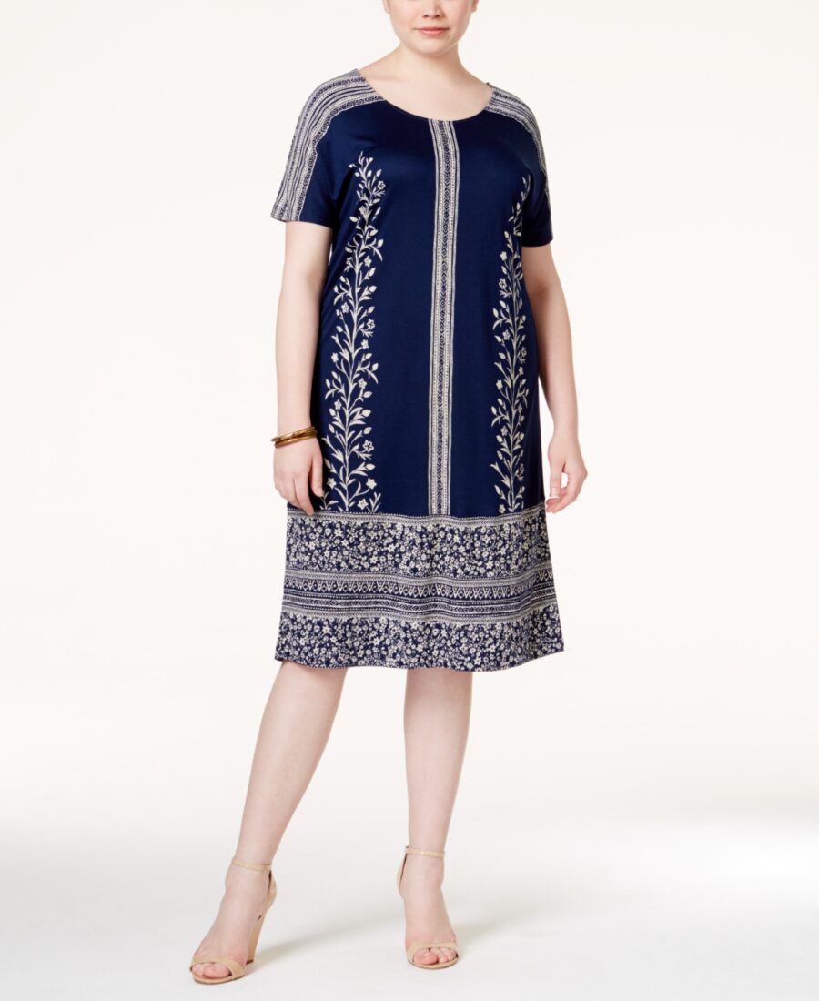 Lucky Brand Women's Plus-Size Bordered T-Shirt Dress, Navy Multi, 1X