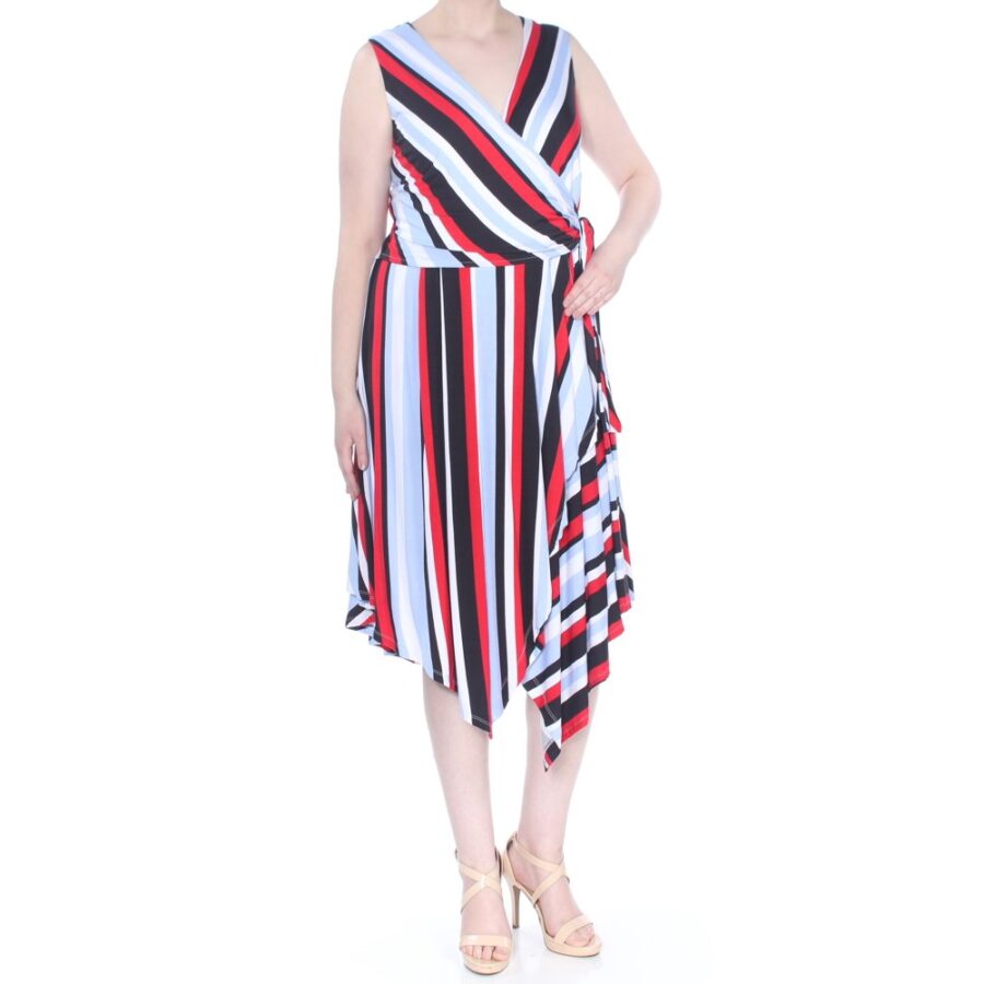 INC Women's Light Blue Striped Sleeveless V Neck Midi Dress Plus Size: 3X