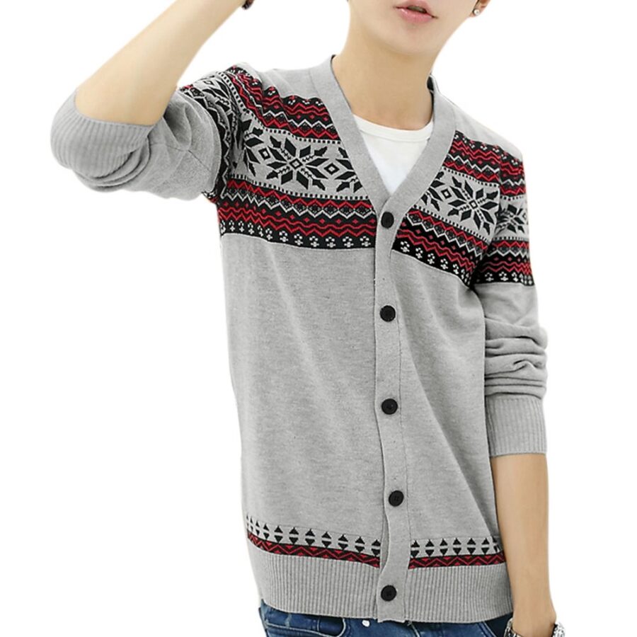 Azzuro Men's Single Breasted Geometric Zig-Zag Pattern Casual Cardigan Gray